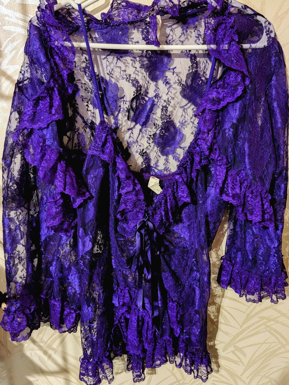 Escante Sheer Stunning Purple Lace Ruffle Lingerie With Black Lace Tie Size L
